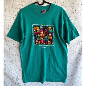 VTG Womens Sz Medium Fruit of the Loom CATS Teal TShirt Single Stitch Minor Flaw